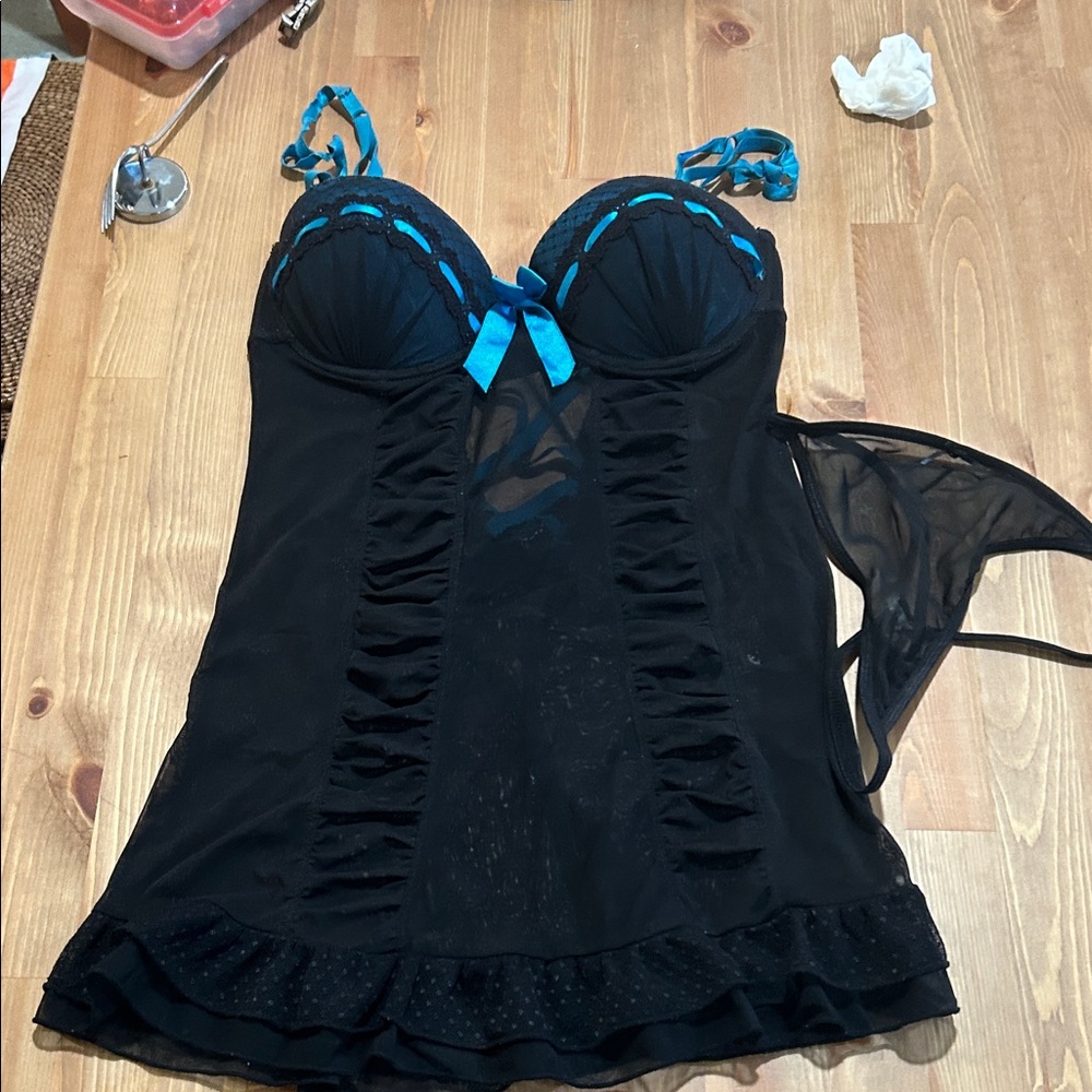 Black Mesh Babydoll Lingerie with Teal Accent